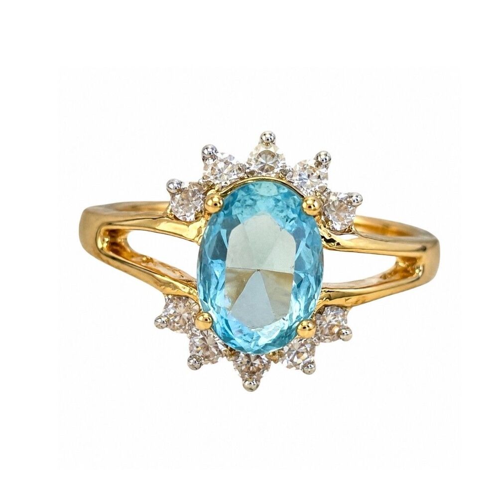 Vintage 1970s Cocktail Ring Size 7 Blue CZ 14KT Gold Plated - 14X